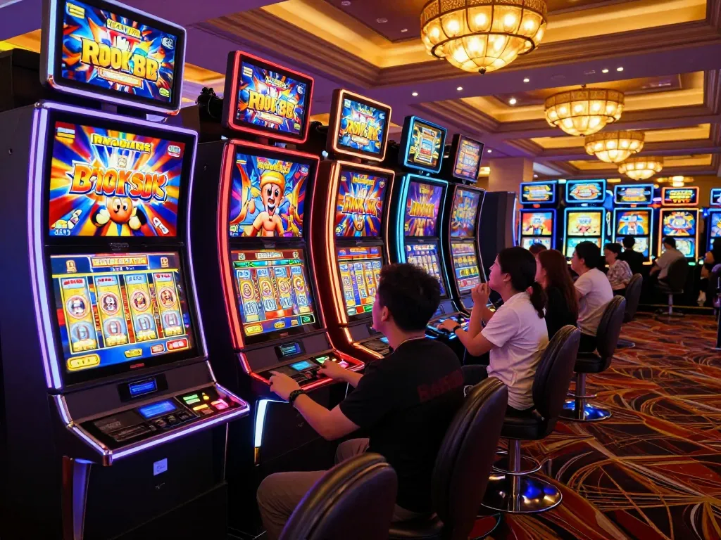 Experience excitement at the rokok88 slot machines, with players enjoying the colorful displays and action