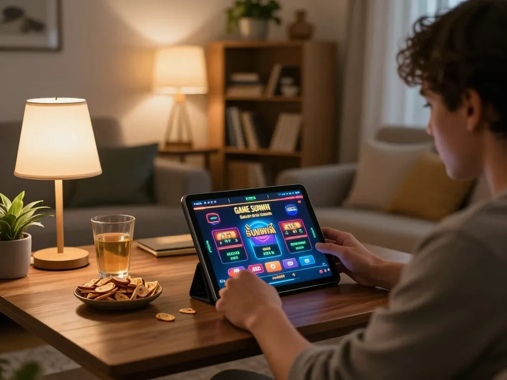 Engaging gameplay on GAME SUNWIN shown on a tablet in a warm home setting, highlighting strategy and comfort.