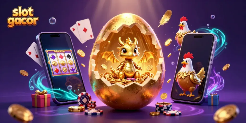 Experience slot gacor with a golden dragon in a vibrant casino-themed illustration bursting with action.