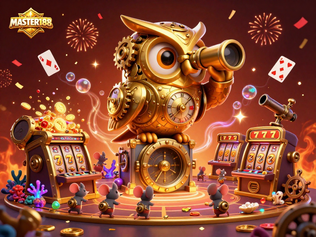 Experience the thrill of gaming with MASTER188's dynamic casino scene featuring a golden owl and vibrant treasures.
