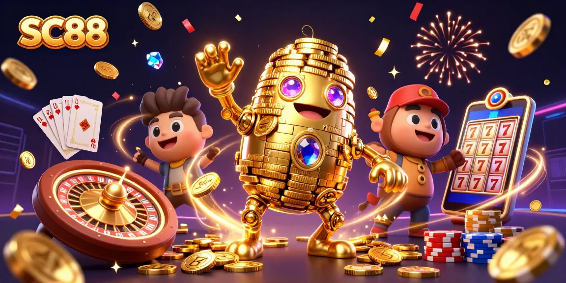 Spin along with the vibrant 3D casino adventure featuring SC88's golden golem and exciting game elements.