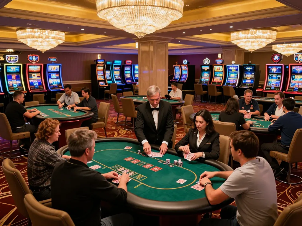 Engaging scene at 79King's Trang chủ with players at poker tables and colorful slot machines