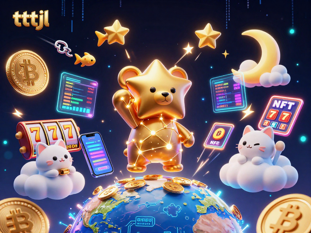 Engage in thrilling gaming activities with tttjl surrounded by vivid slot elements and cryptocurrency coins.