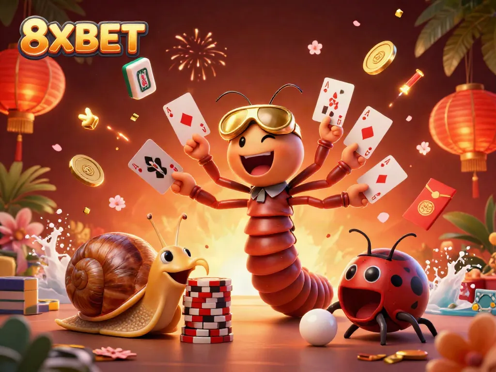 Join the excitement at 8XBET with a cheerful dealer and high-rolling snail in a vibrant casino scene.