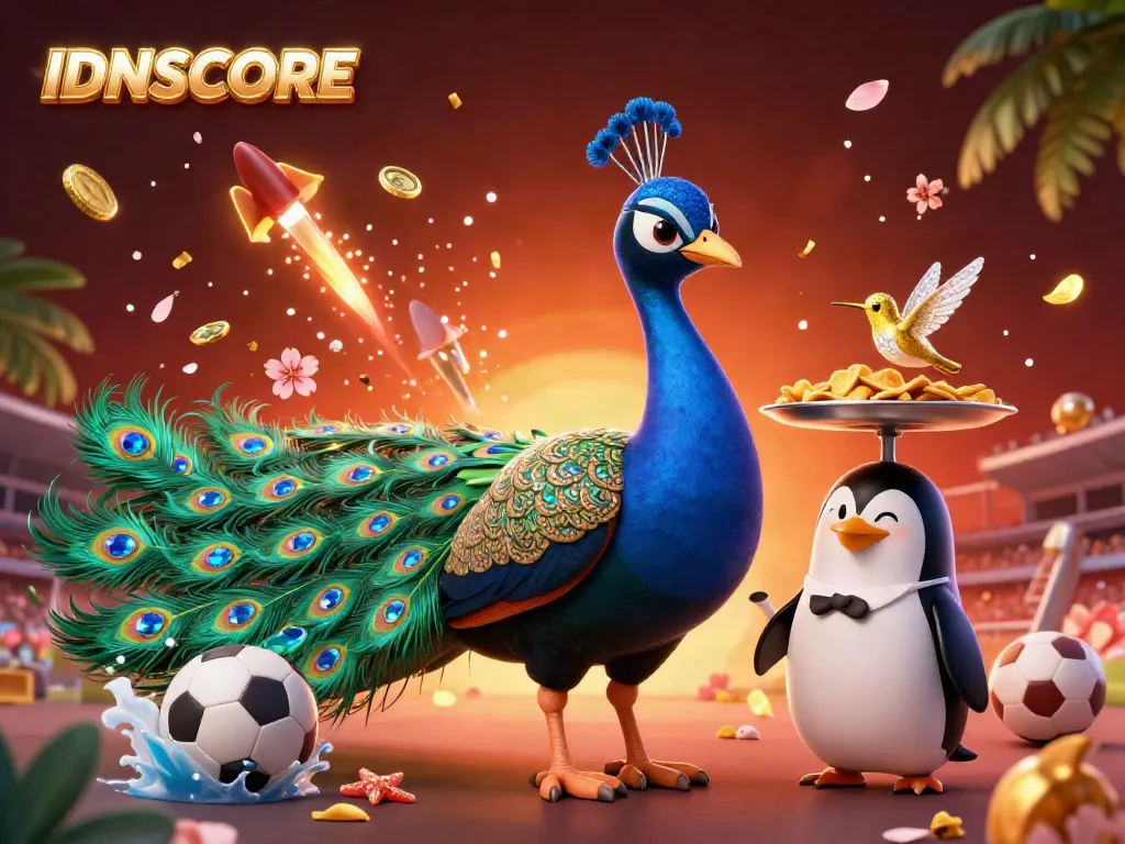 Experience the excitement of IDNSCORE with a vibrant scene featuring a peacock, penguin, and hummingbird amidst sports elements.