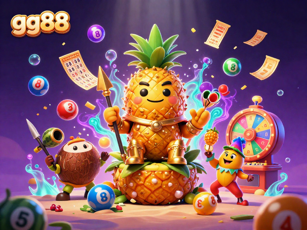 Experience the excitement of gg88 with vibrant lottery balls and a golden pineapple king in a beach casino.