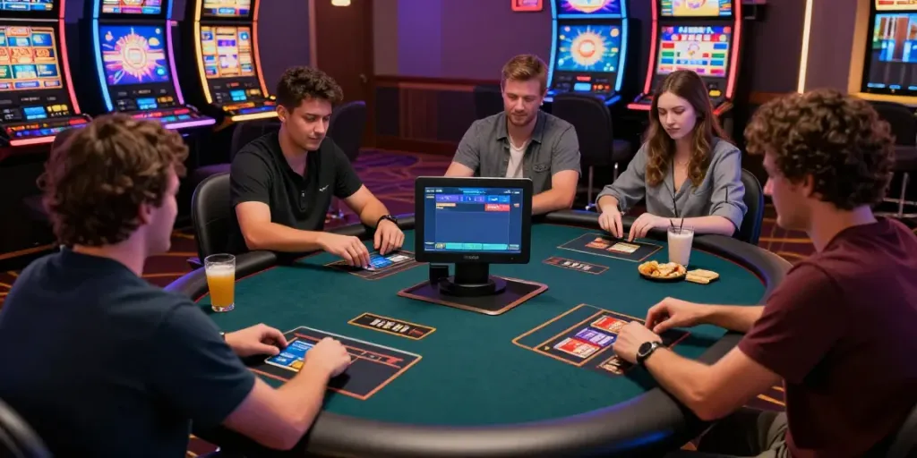 Exciting gaming scene with diverse players enjoying online casinos that accept credit cards, featuring modern technology and vibrant atmosphere.