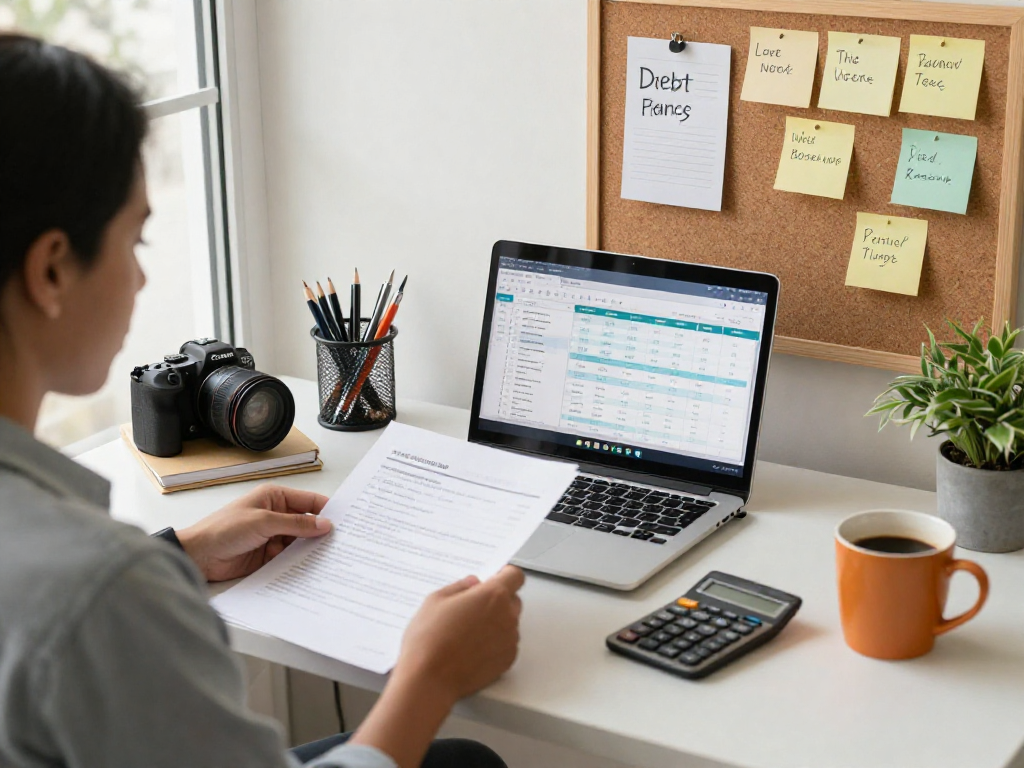 Welcoming home office scene for financial counseling at https://credit-consolidation.ca with a laptop, budgeting tools, and warm atmosphere.