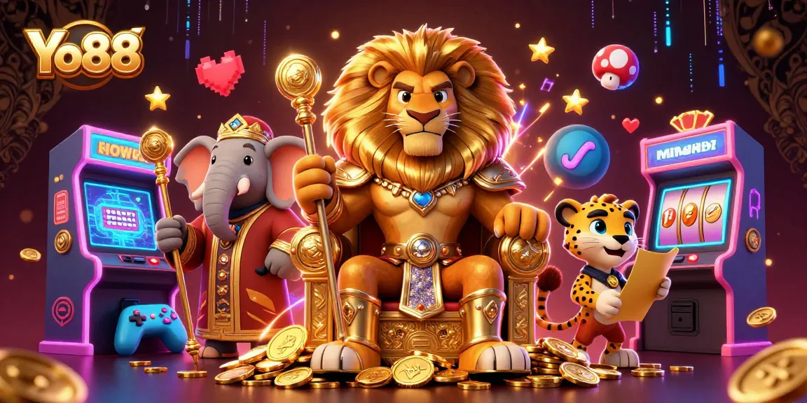 Engage in thrilling gaming experiences with Yo88 featuring a regal lion king surrounded by casino excitement.