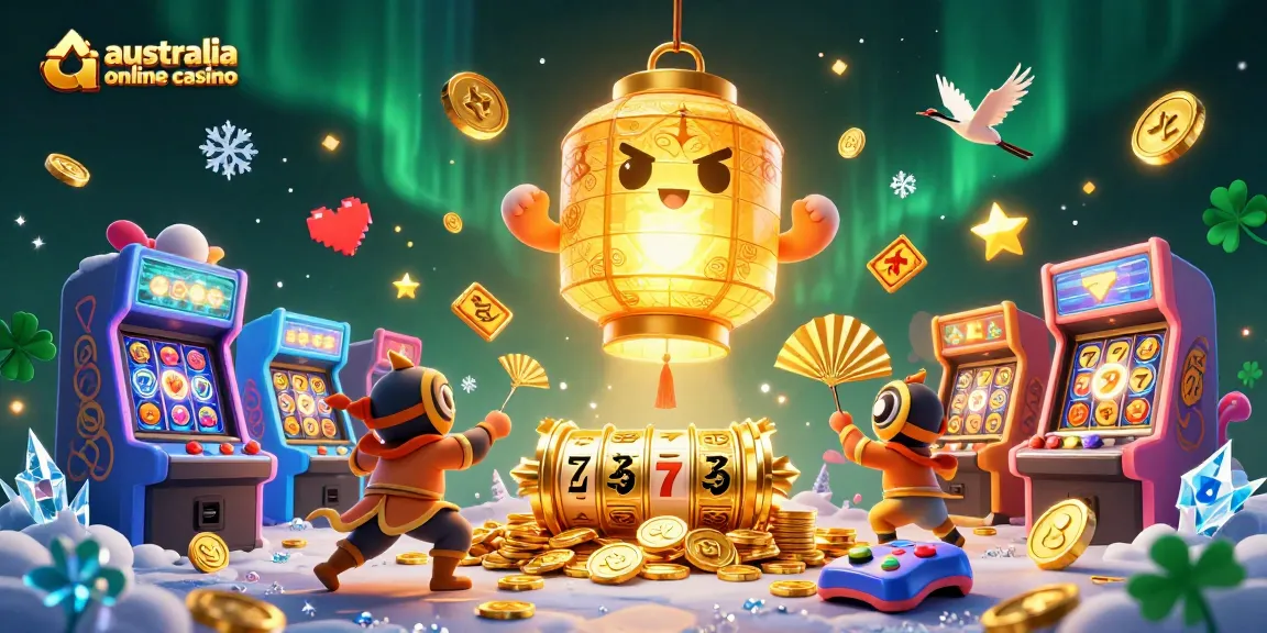 Play exciting games at an australia online casino with a magical lantern spirit amidst glowing elements.
