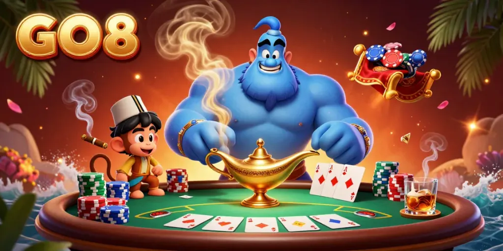 Engage in gaming adventures with GO 8 as a genie and monkey deliver poker chips amidst vibrant casino elements.