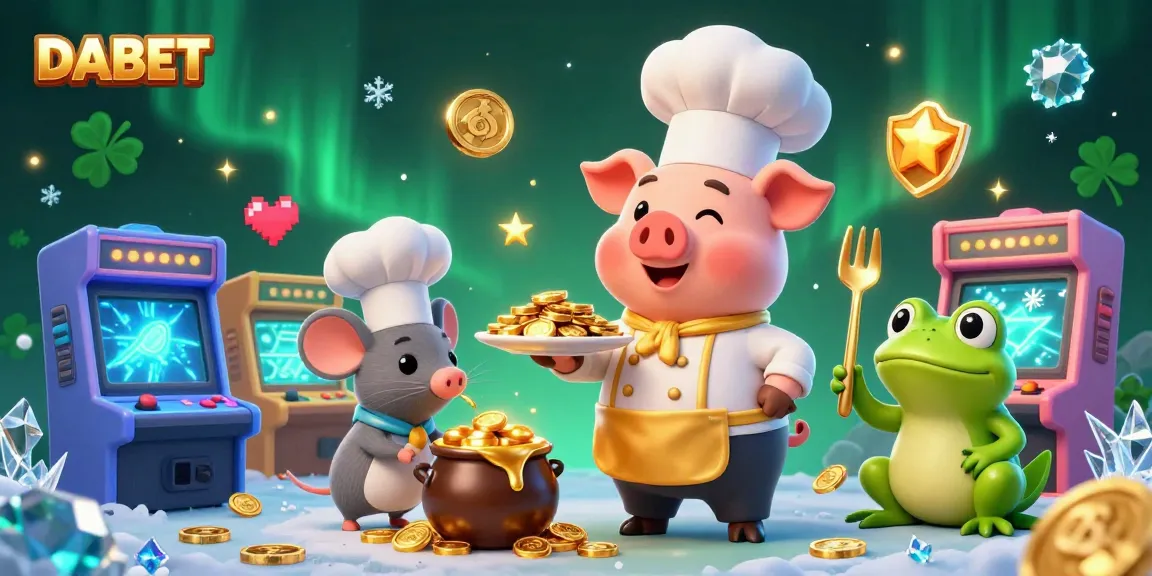 DABET offers a vibrant casino scene with a chef pig serving gold coins and gaming elements, highlighting excitement and strategy.