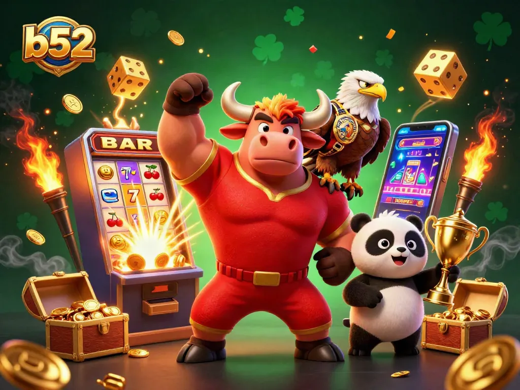 Win big with b52 in this vibrant 3D casino scene featuring energetic mascots and jackpot symbols.