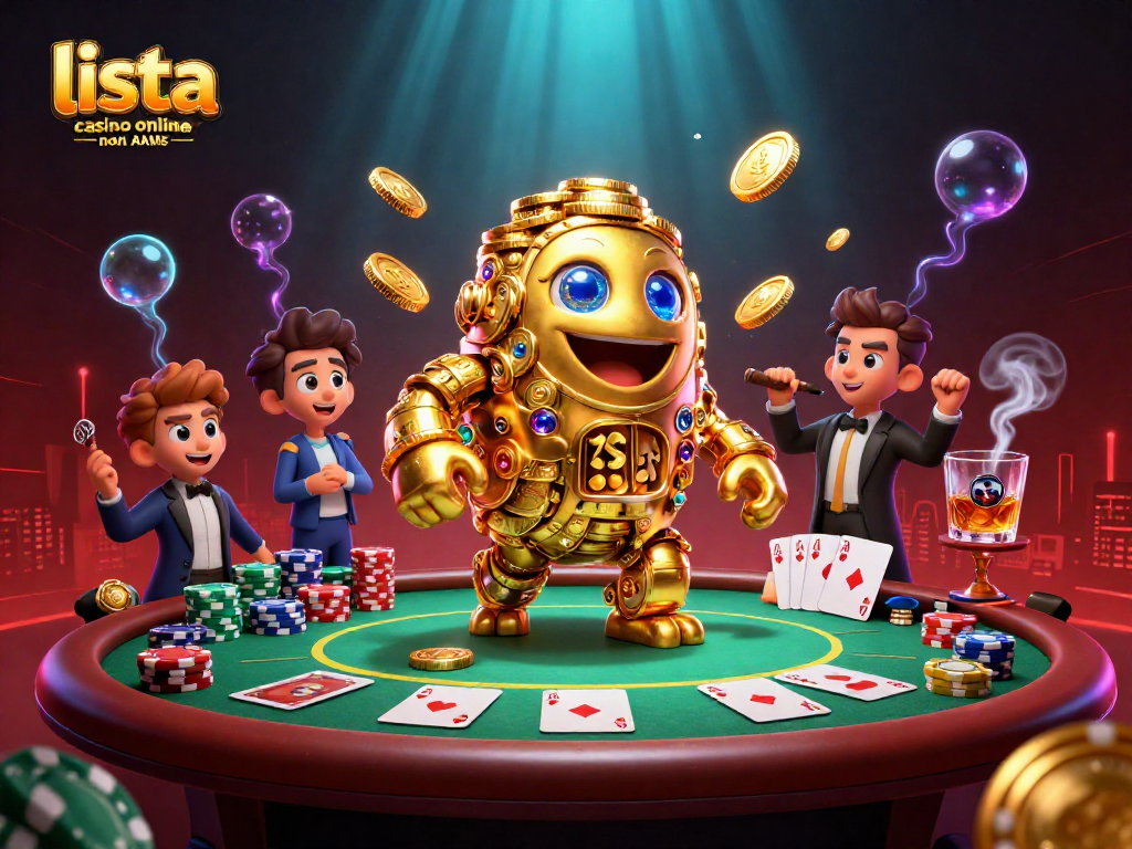 Visualizza la lista casino online non AAMS con un golem d'oro e elementi di poker vivaci.