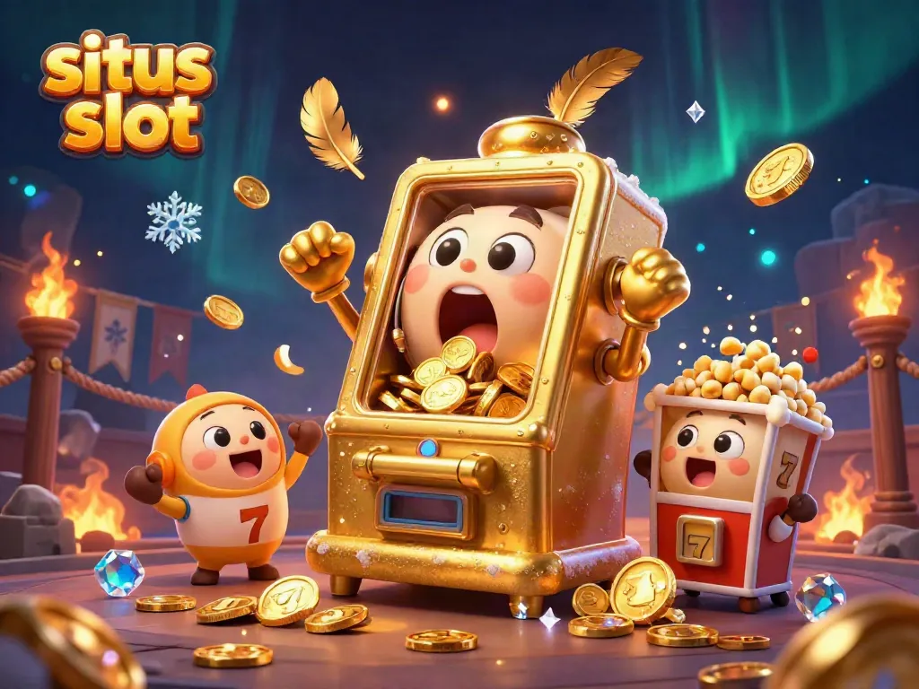 Experience the thrill of situs slot as a golden slot machine hits a jackpot, surrounded by cheering smaller machines and coins.