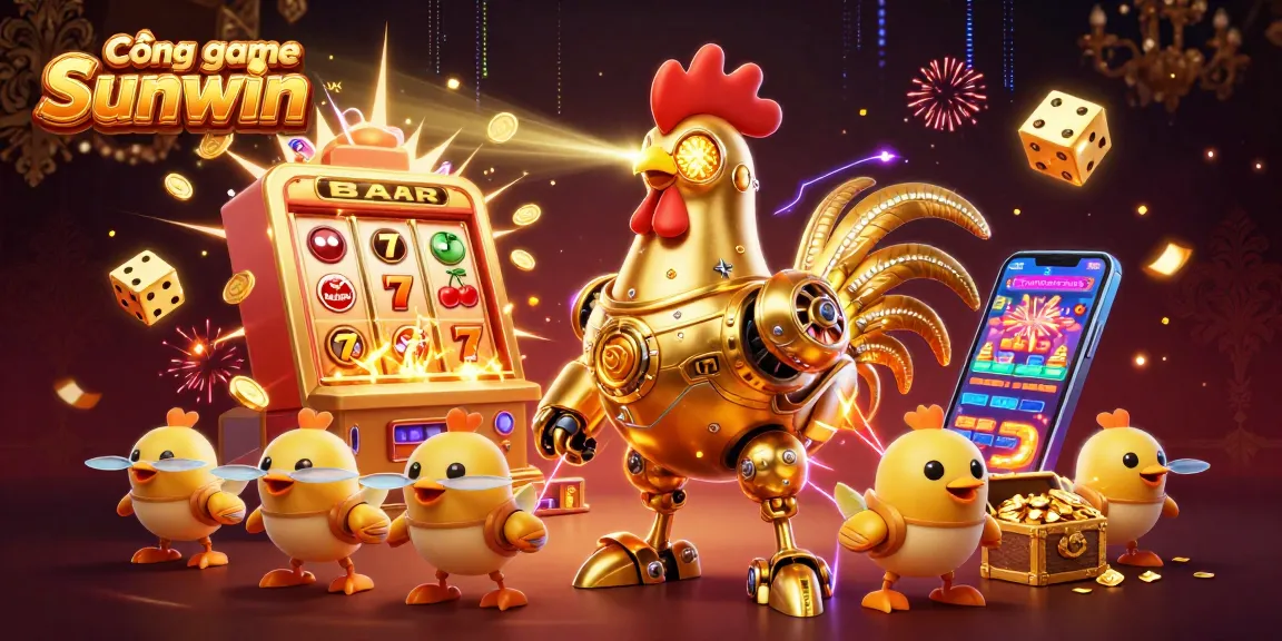 Engage with Cổng game Sunwin as golden rooster robot, baby chick drones, and casino elements create jackpot excitement.