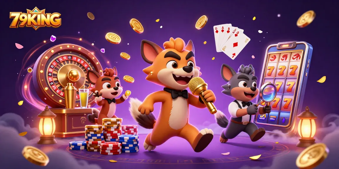 Experience the excitement of 79KING's comedy casino with stylish hyenas, vibrant games, and coin cascades.