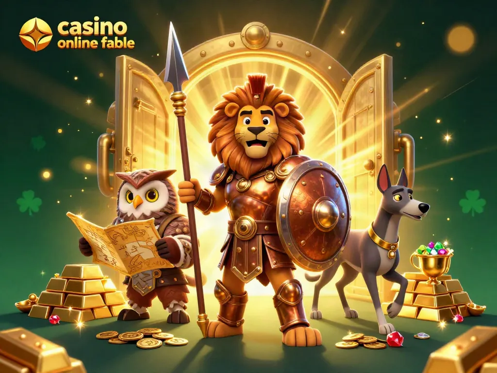 Disfruta de un casino online fiable con una escena lujosa de un león espartano y un búho estratega rodeados de tesoros brillantes.