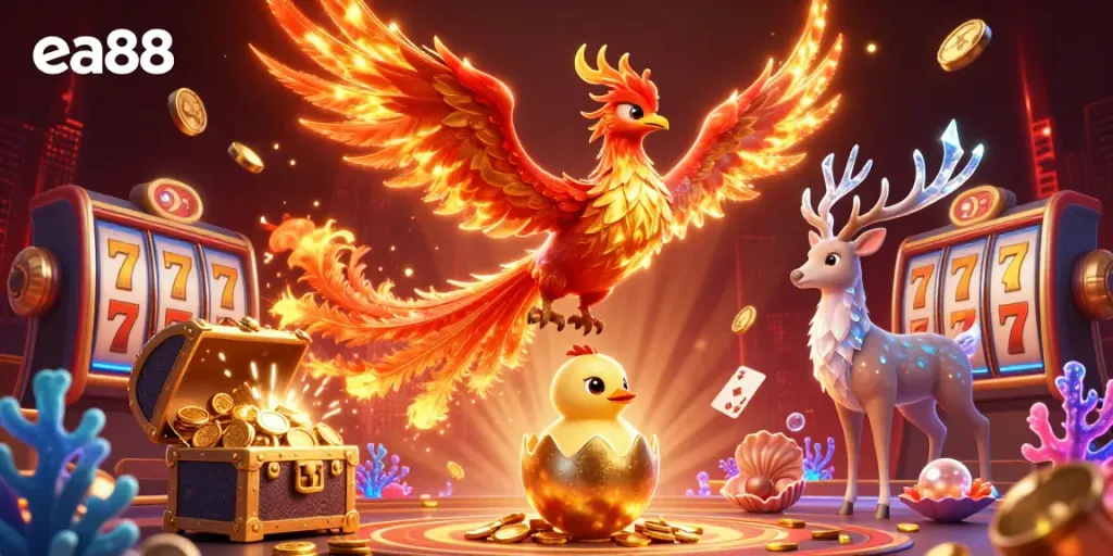 Experience exciting moments at ea88 with stunning casino visuals, including a golden phoenix and thrilling game elements.
