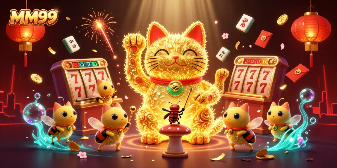 Experience the thrill of MM99 with a vibrant 3D illustration of a lucky cat and dynamic casino symbols.