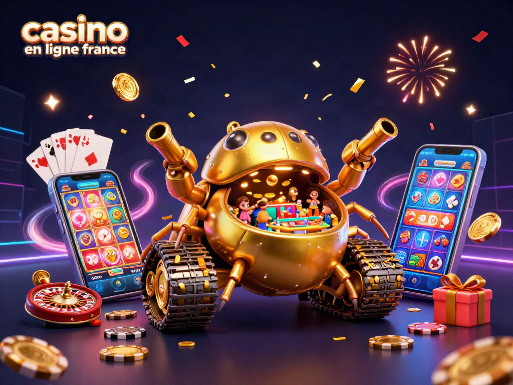 Jouez à des jeux de casino en ligne France et observez une scène magique avec un tank à scarabée doré et un mini-casino.