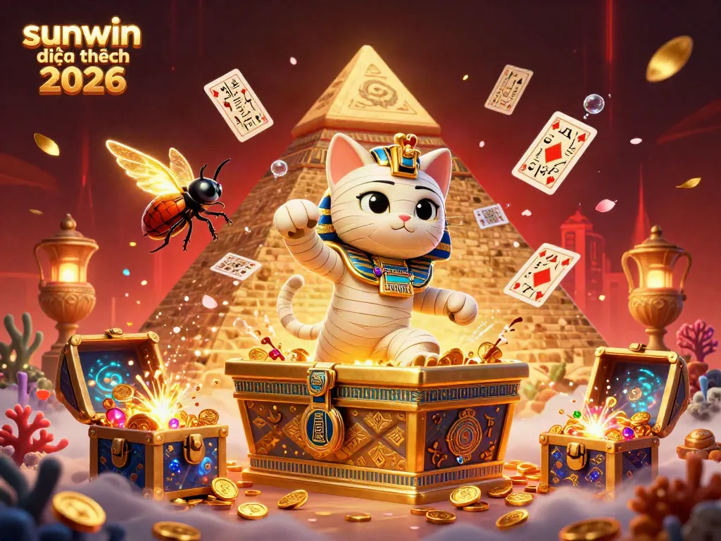 Experience sunwin đổi thưởng 2026 with an exciting Egypt-themed casino scene featuring a mummy cat and treasures.