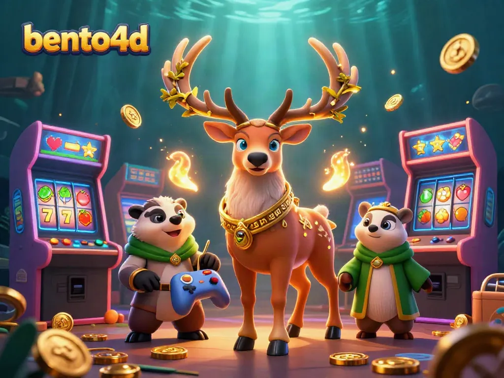 Engage with bento4d through an enchanting 3D scene featuring a mystical stag and gaming elements.