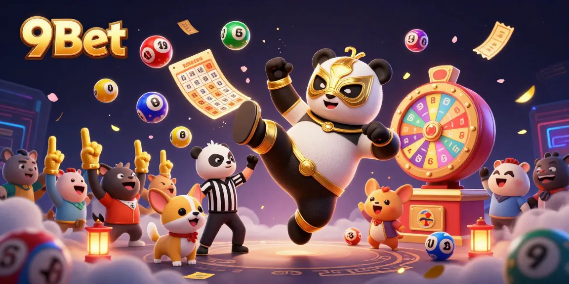 Join the excitement at 9Bet with a dynamic scene of a wrestling panda and vibrant lottery elements!