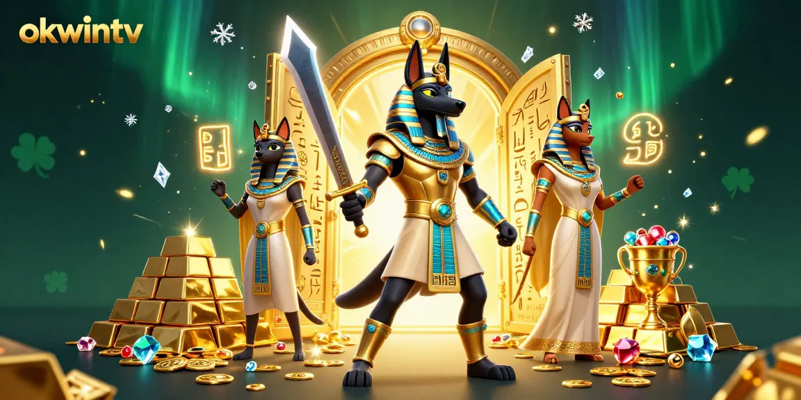 Experience thrilling gameplay on okwintv with Anubis and Bastet surrounded by gambling treasures.