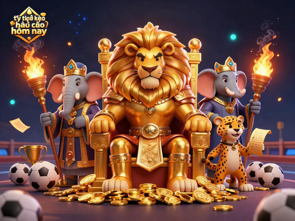 Tỷ lệ kèo nhà cái hôm nay visualizes powerful sports betting elements, including a lion king and dynamic scenes.