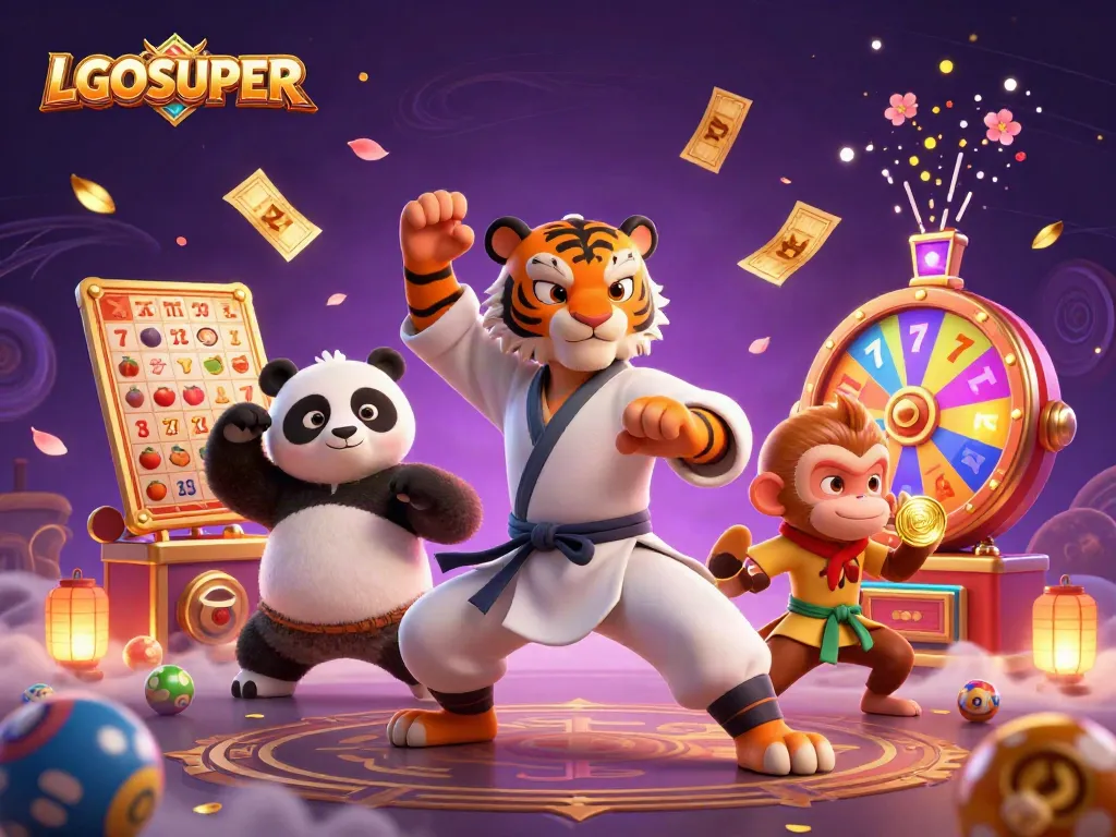 Engaging scene of LGOSUPER characters in a vibrant casino setting featuring slot machines and playful elements.