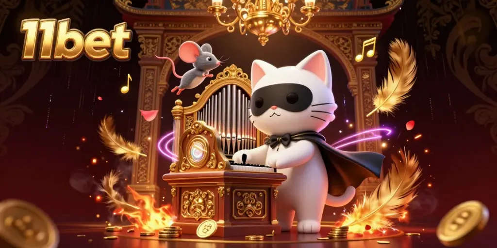 Experience the enchanting allure of 11bet with a captivating casino scene featuring a phantom cat and acrobatic mouse.
