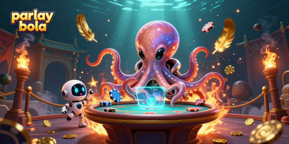 Engage with parlay bola at this vibrant illustration showcasing an exciting floating poker scene.