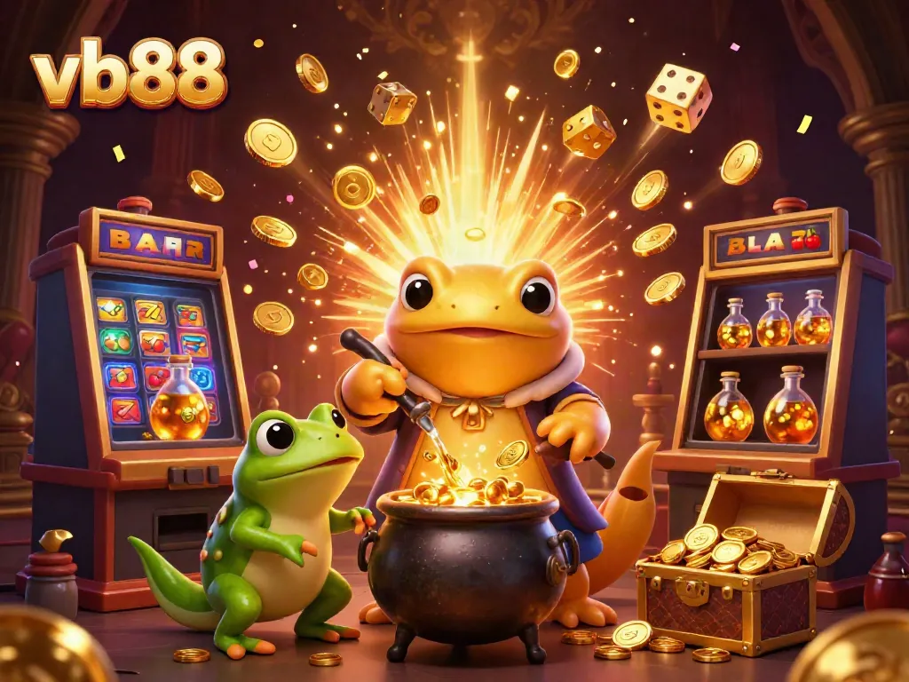 Experience the thrill of vb88 with vibrant 3D casino elements, alchemists turning base metals into gold, and jackpot excitement.