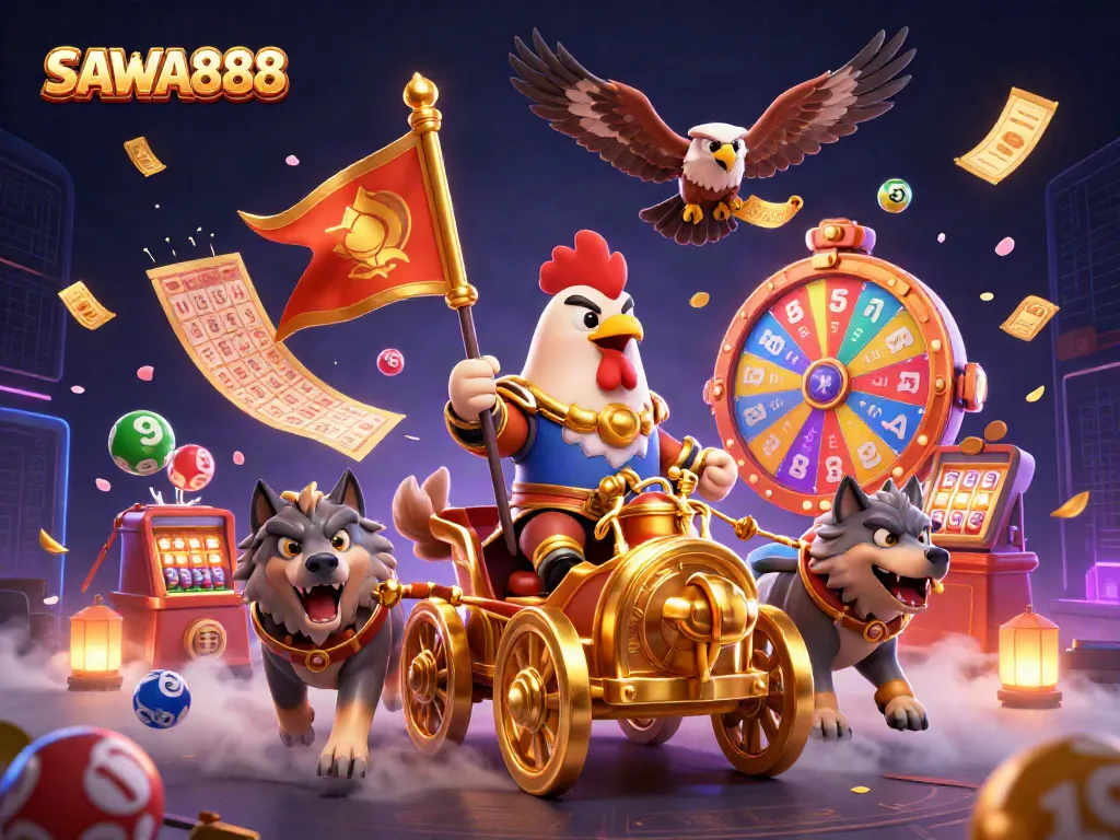 Experience thrilling jackpots with SAWA888 as a rooster warlord leads the way in a vibrant casino scene.