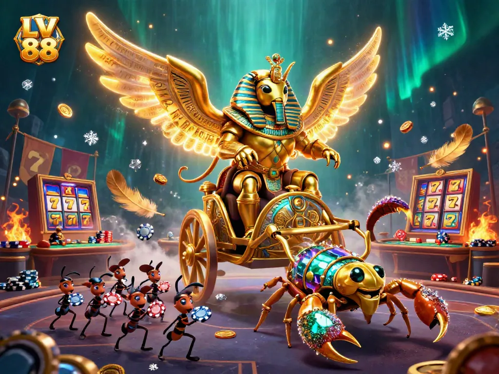 Experience thrilling casino action with LV 88's engaging golden beetle and scorpion characters.