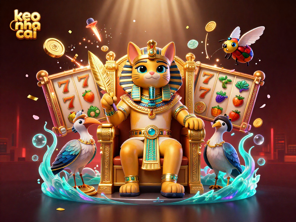 Engage with keo nha cai showcasing vibrant slot themes and 3D characters amid an action-packed scene.