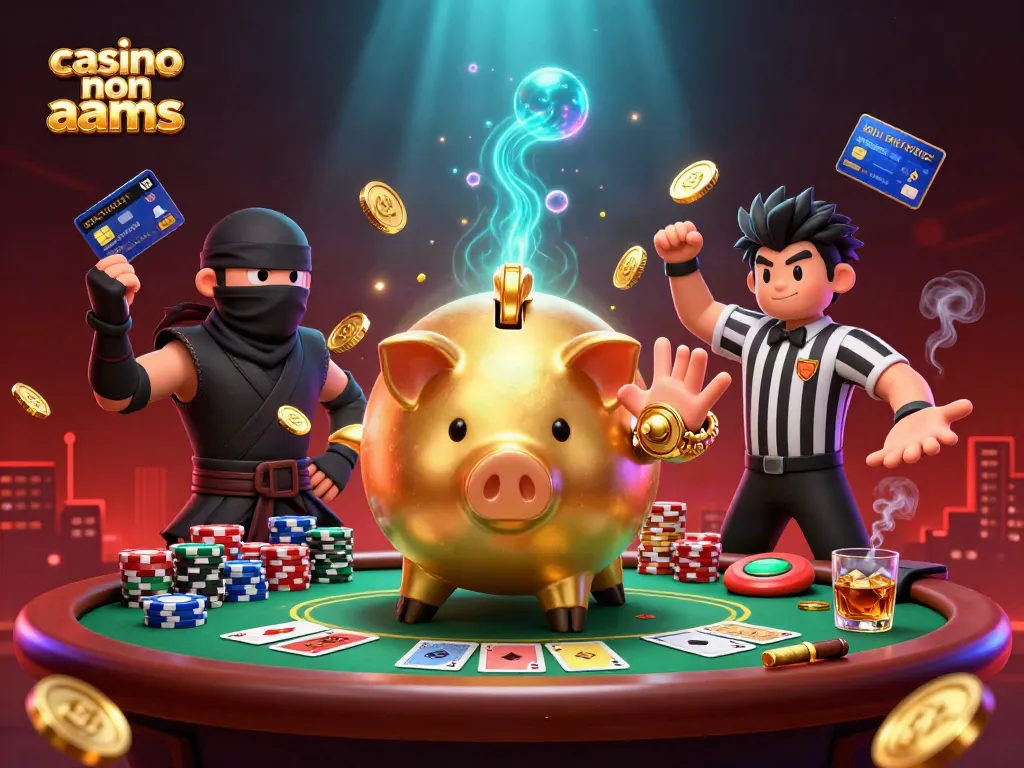 Giocatori e simboli di casino non AAMS si animano in un ambiente festivo e attivo.