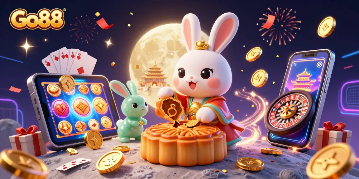 Engage with Go88's vibrant gaming landscape showcasing a playful moon rabbit and exciting casino elements.