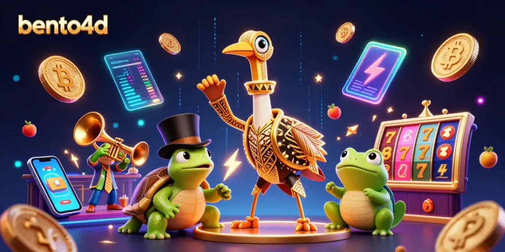 Experience the excitement of bento4d in this vibrant casino illustration showcasing slot games and characters.