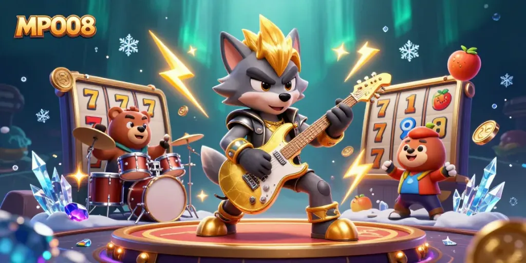 MPO08 captivates players with a vibrant 3D scene featuring a wolf rock star and slot game elements.