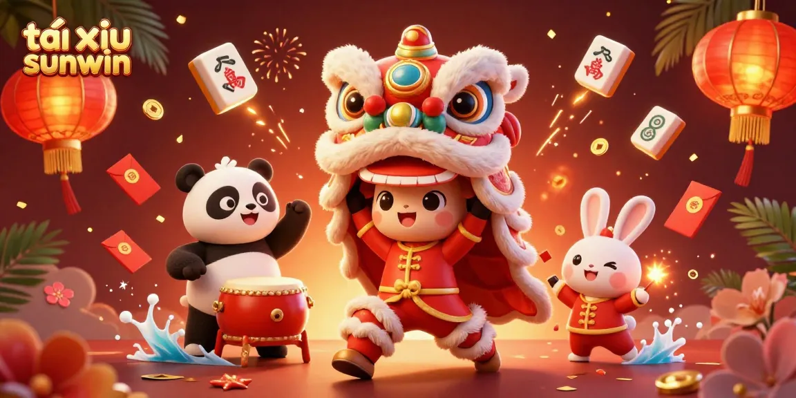 Tài xỉu sunwin features a vibrant scene with characters celebrating while surrounded by festive elements.