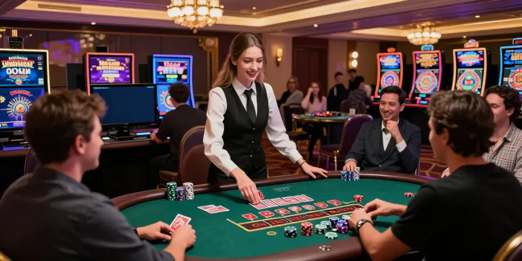 Exciting live casino scene with engaging dealer and players at man88.
