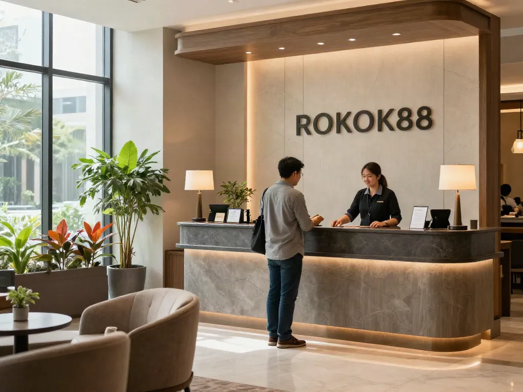 ROKOK88 login welcome experience in hotel lobby with friendly staff.