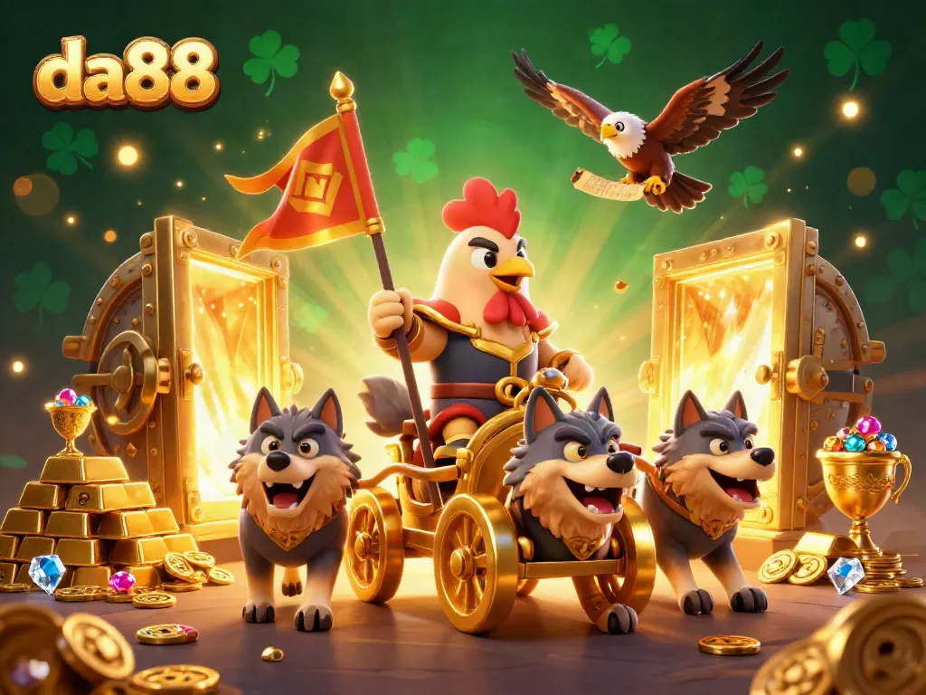 Experience thrilling action at da88 with a rooster warlord and golden treasures in a captivating 3D scene.