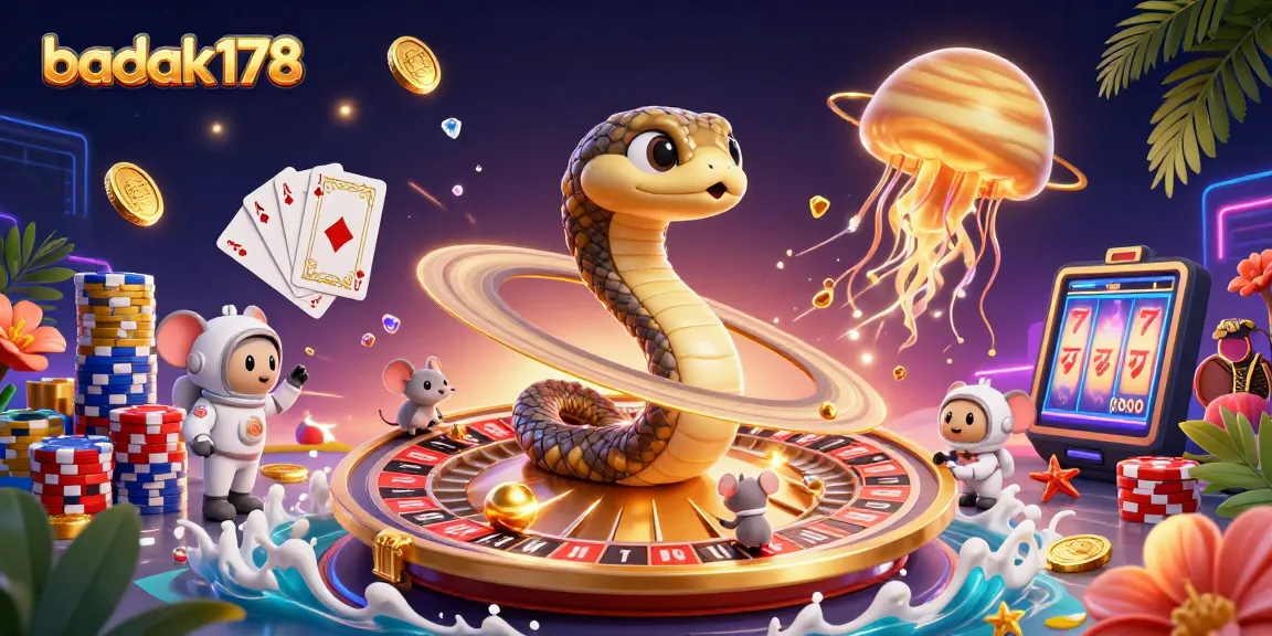 Engage with badak178's exhilarating casino experience, capturing cosmic gaming thrills with 3D cartoon characters.