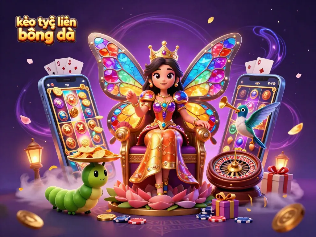 Kèo trực tuyến bóng đá với nữ hoàng bướm 3D và các yếu tố cá cược sống động.