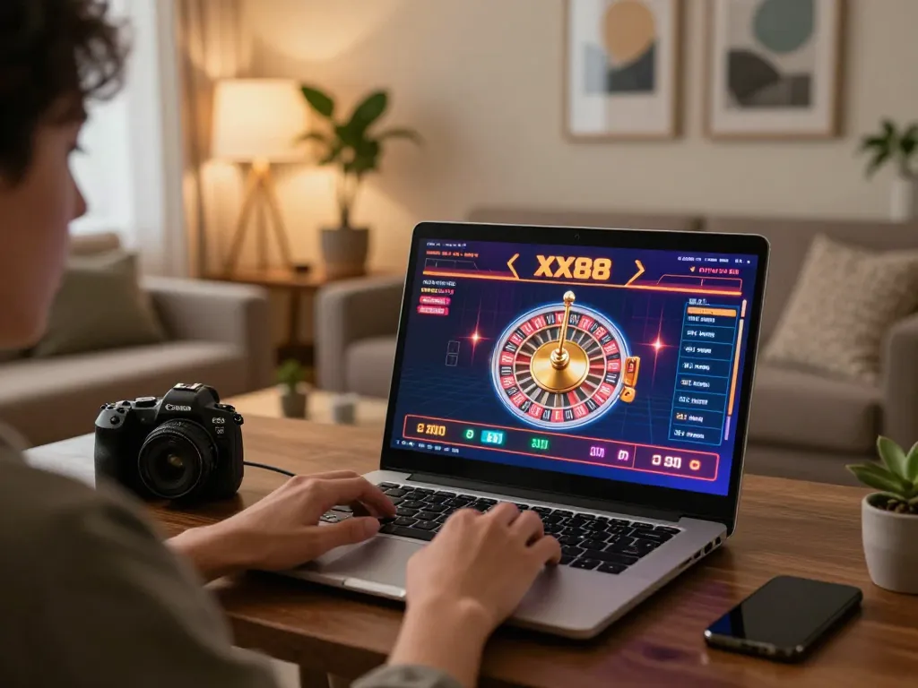 Player enjoying thrilling casino action at XX88 on laptop in cozy setting.