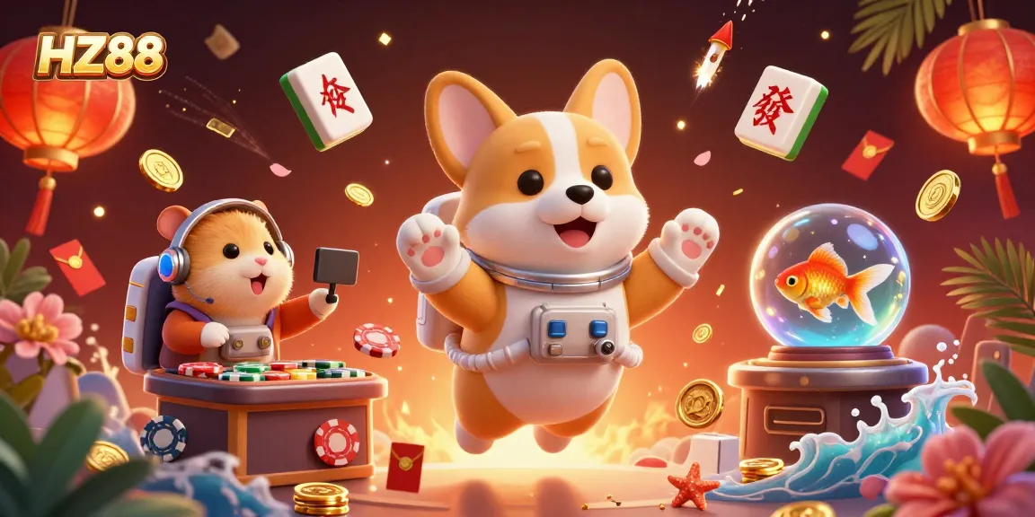 Experience HZ88's vibrant casino atmosphere with animated characters in a floating 3D space setting.