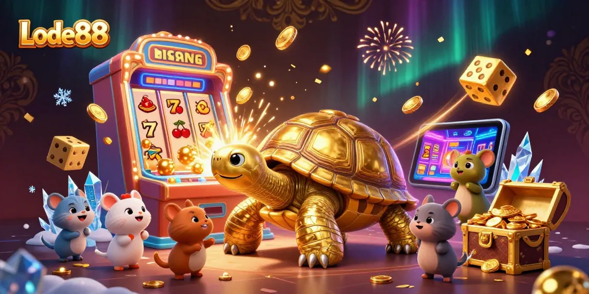 Lode88 presents a vibrant casino scene with a golden tortoise slot machine, offering a thrilling gaming experience.